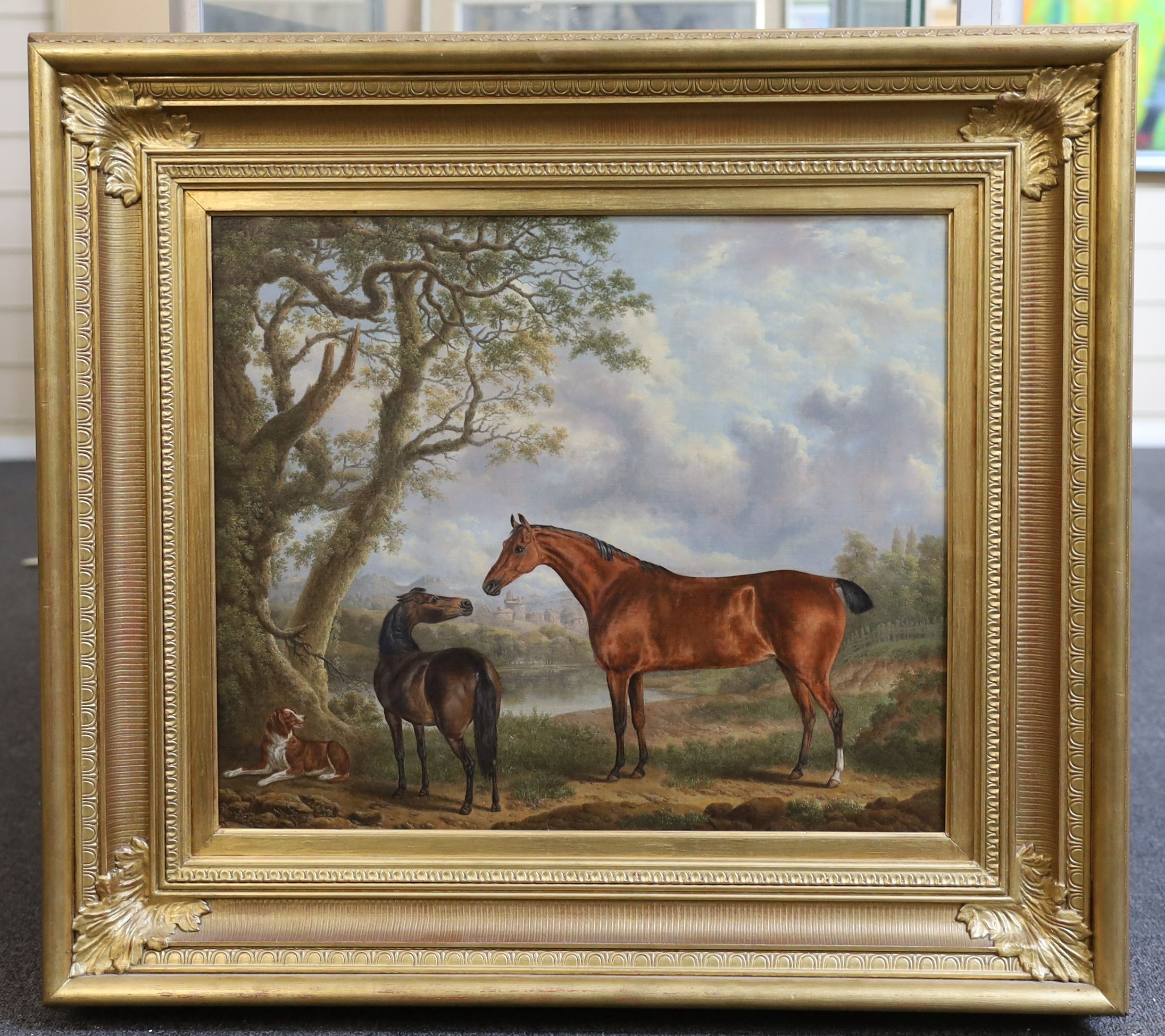 Charles Towne (1763-1840), Two horses and a dog in a landscape, a castle beyond, oil on canvas, 43 x 51cm